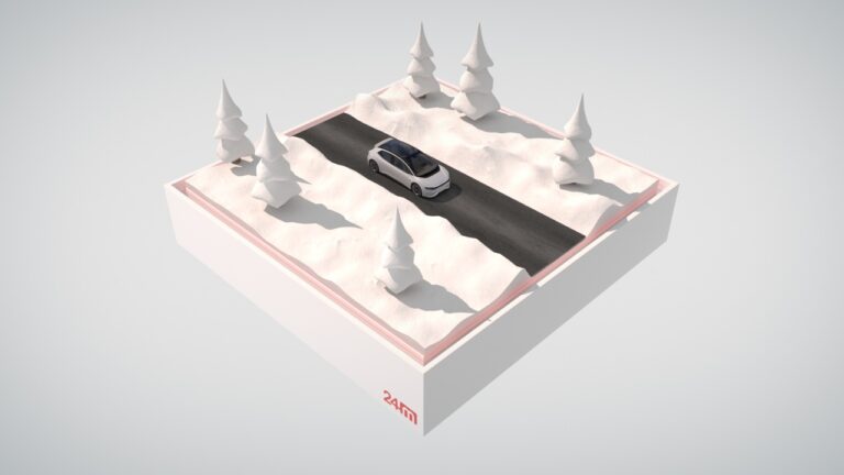 An CGI illustration of an EV driving along a section of road, with three trees on either side.