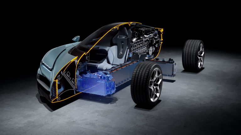 Rimac Technology powers the Bugatti Tourbillon - the powertrain is shown in this exploded diagram of the vehicle.