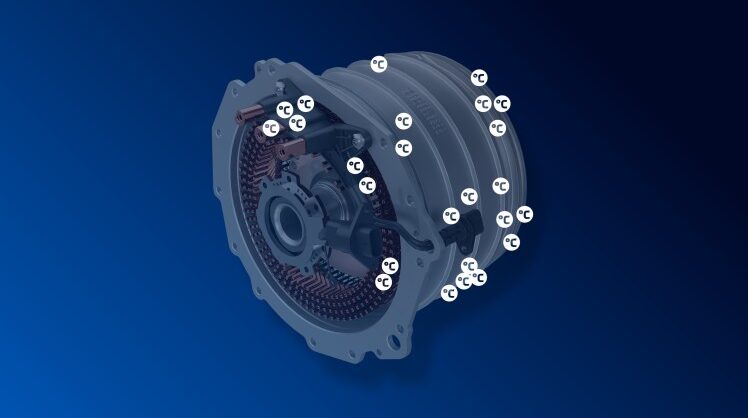 ZF develops TempAI solution for measuring temperature inside electric motors ZF launches the TempAI technology for measuring tempeorature in electric drives, shown here in illustration against a blue background.