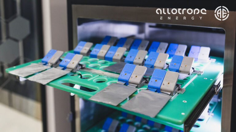 Allotrope Energy supercapacitors lined up in a laboratory after production.
