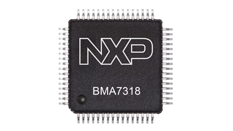 NXP introduces 18-channel battery cell controller IC family A top-down view of the new 18-channel battery cell controller IC family from NXP. The product is black, on a white background.