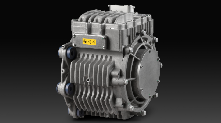 The AEM HDRM150 motor developed by Advanced Electric Machines (AEM)and SAF-Holland, shown freestanding, against a black background