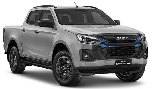 Isuzu’s first battery-electric pickup adopts e-axle from Blue Nexus, AISIN and Denso Isuzu's first battery-electric pickup D-Max, photographed from teh front, in front of an all-white background