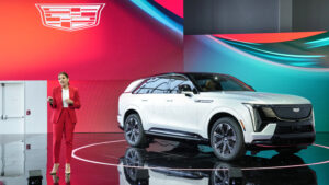 Mary Barra, General Motors Chair and Chief Executive Officer, unveiling the all-electric 2025 Cadillac Escalade IQ.