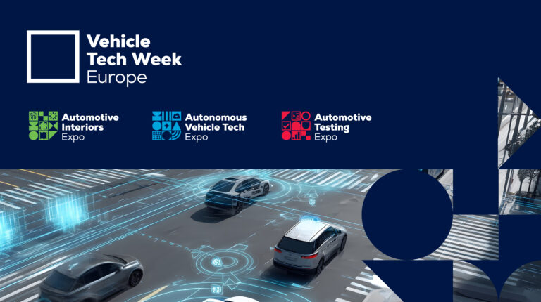UKi Media & Events announces Vehicle Tech Week Europe, with brand logos for Automotive Interiors Expo in green, Autonomous Vehicle Tech Expo in blue and Automotive Testing Expo in red on a dark blue background