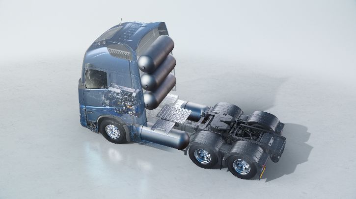 A hydrogen internal combustion engine (H2-ICEVs) in an HGV without a trailer. The tractor is shown in promo pic, against a grey background