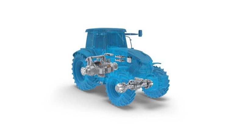 A blue silhouette of a tractor with the ZF modular eTerraDrive driveline shown in grey