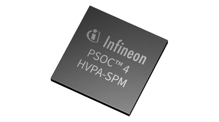 Infineon and Munich Electrification partner to advance high-voltage battery management systems A close up of Infineon’s PSOC 4 HVPA-SPM 1.0 microcontroller against a white background