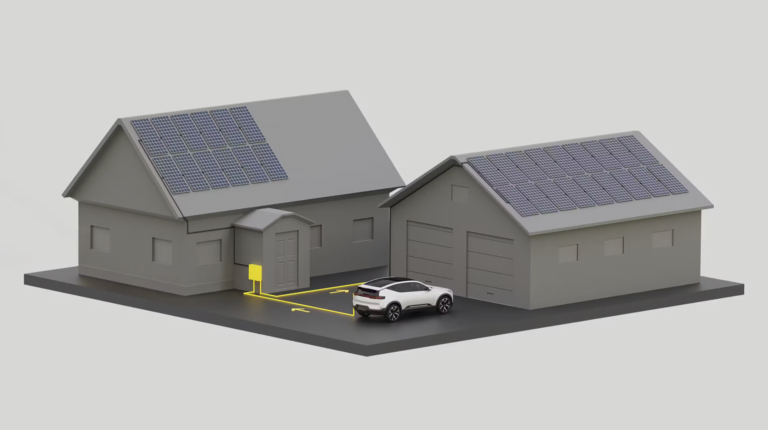 Polestar parked outside a house with graphics showing the car's connection to the home and grid.