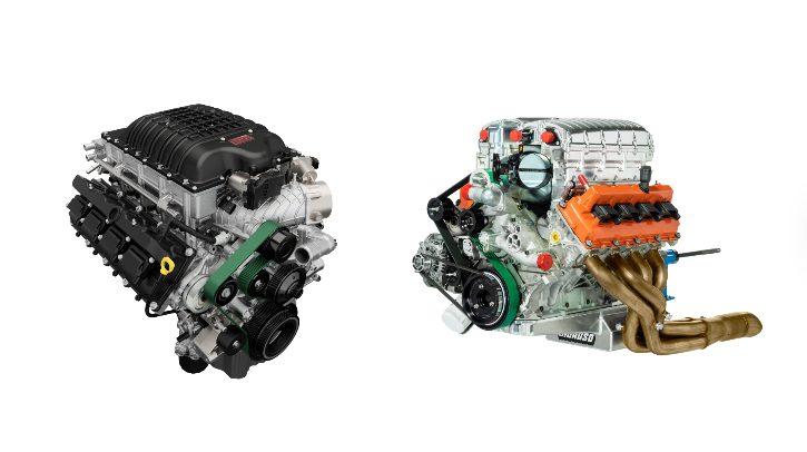 Direct Connection launches updated Hellephant and Drag Pak HEMI engines The Hellephant A30 426 Supercharged crate HEMI Engine (left) and 354 Supercharged Drag Pak HEMI Engine (right), shown in profile against a white background