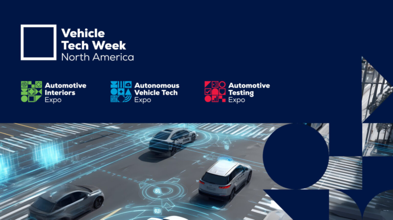 UKi Media & Events announces Vehicle Tech Week North America – a landmark automotive technology event in Novi, Michigan The logos for Vehicle Test Week North America and its three constituent exhibitions, Automotive Interiors Expo (in green), Autonomous Vehicle Tech Expo (in blue) and Automotive Testing Expo (in red), above an illustration of vehicles of the future on an urban street