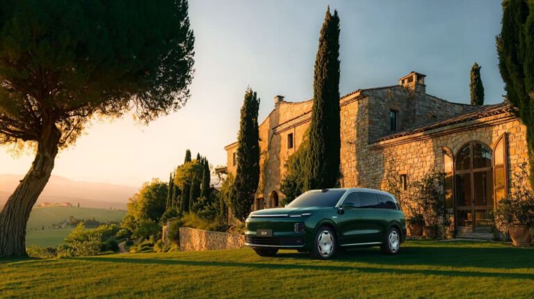 Leapmotor selects ZF range extender for D19 SUV The Leapmotor D19 SUV parked in front of a large stately building as the sun sets.