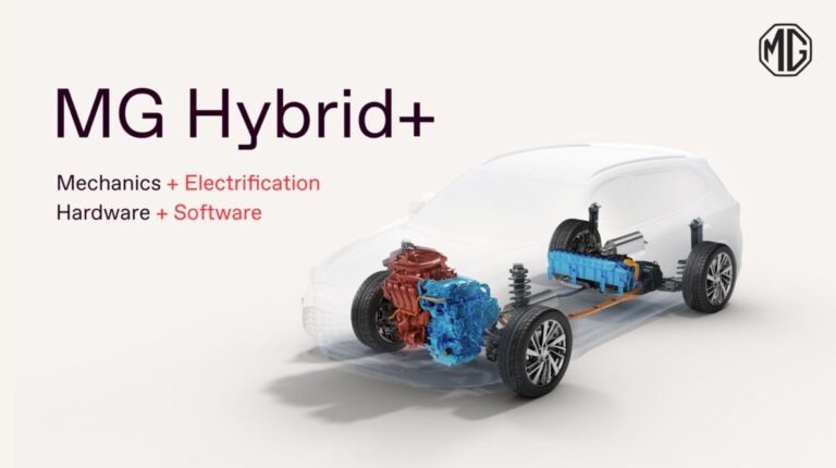 A vehicle chassis against a pale-coloured background with MG Hybrid+ technology written over the top.