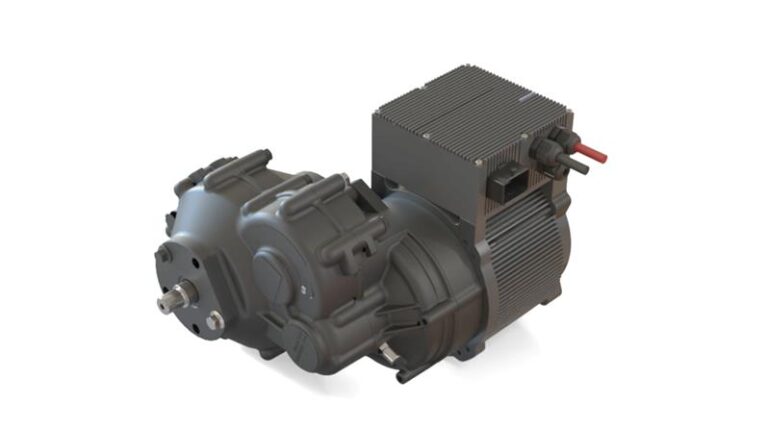 The ETA Green Power ETA-Model 20 integrated electric powertrain system shown in profile promo pic against a white background.