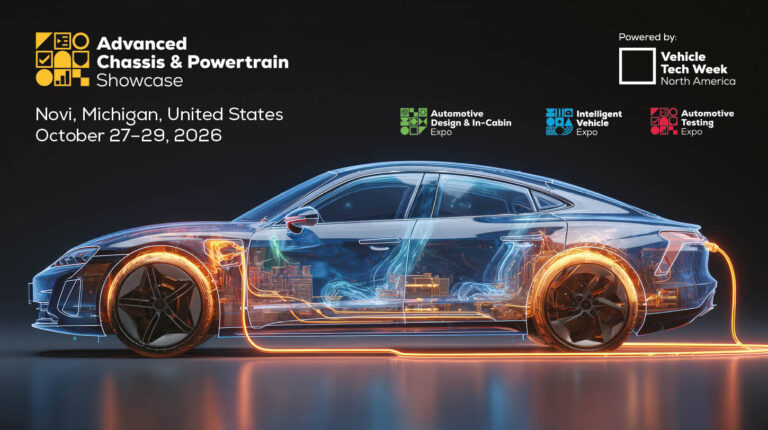 A vehicle with lights demonstrating its connectivity, with Vehicle Tech Week logos on top.