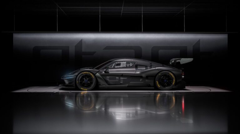 Genesis Magma GT3 Concept unveiled Profile of the new Genesis Magma GT3 Concept in a dark black showroom.