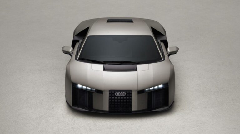 Audi unveils 1,001ps Nuvolari hybrid supercar Head-on promo shot of the grey Audi Nuvolari hybrid supercar.