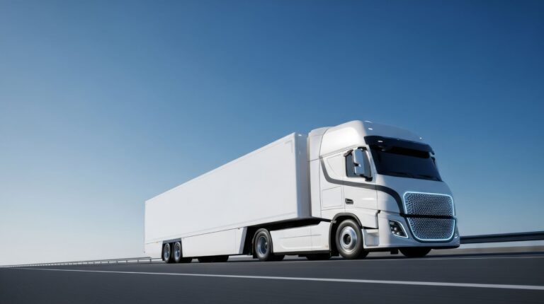A white truck drives down an empty highway under a blue sky.