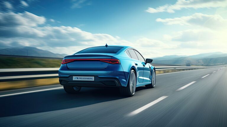 A blue vehicle drives along a quiet highway through a rural environment under a blue sky with clouds.