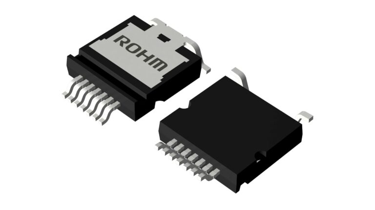 The small and black ROHM TSC3PAK SiC MOSFET top-side cooling package shown in a promo pic against a white background.