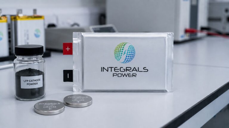 Integrals Power selected for €9m European LMFP battery project Integrals Power pouch cells laid out for demonstration on a grey table.