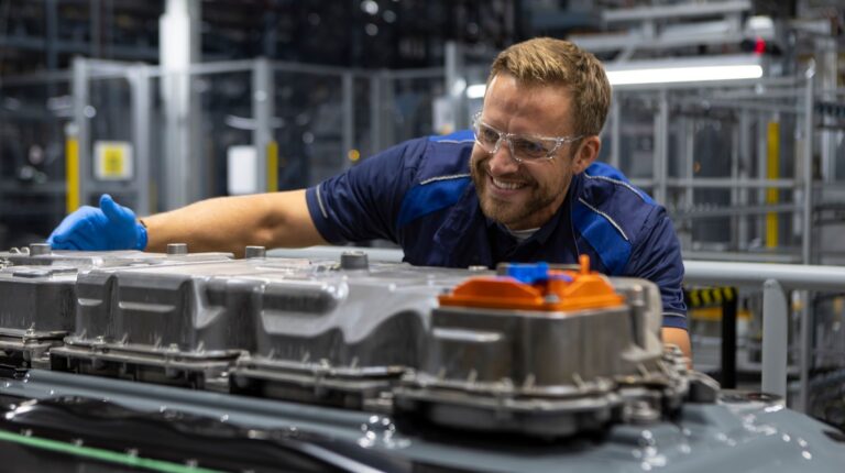 BMW details Gen6 battery production process at Plant Woodruff An engineer works on the manufacturing of the Gen6 high-voltage battery for the BMW iX5 in a production facility.