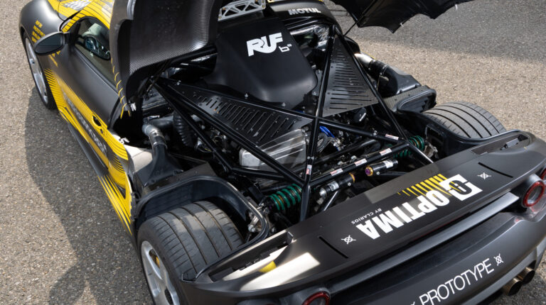 Close up of the boxer-eight engine in the demonstration vehicle at the Goodwood Festival of Speed