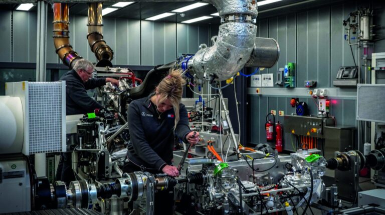 An engineer works on the Mercedes-AMG One hypercar project.