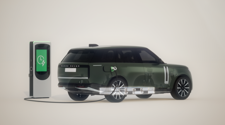 JLR launches Range Rover Electric with twin 260kW permanent-magnet motors A range Rover Electric parked beside an electric charging station on a grey background.